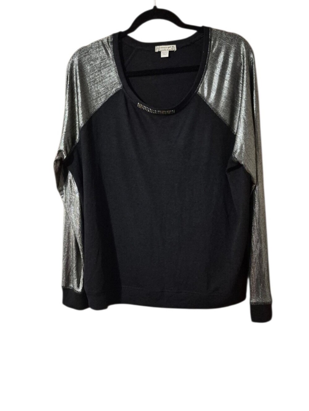 Energe Black & Gold Long Sleeve Raglan Top with Metallic Sleeves Sz XL NWT